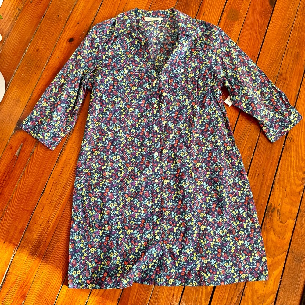 Navy Floral Collared Button Down T-Shirt Dress Size Large 3/4 Sleeves NWT
